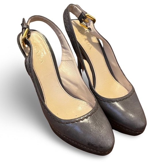 Prada Slingback Heels Gray with Stitching Detail Size EU 36.5 Made in Italy - Picture 5 of 11